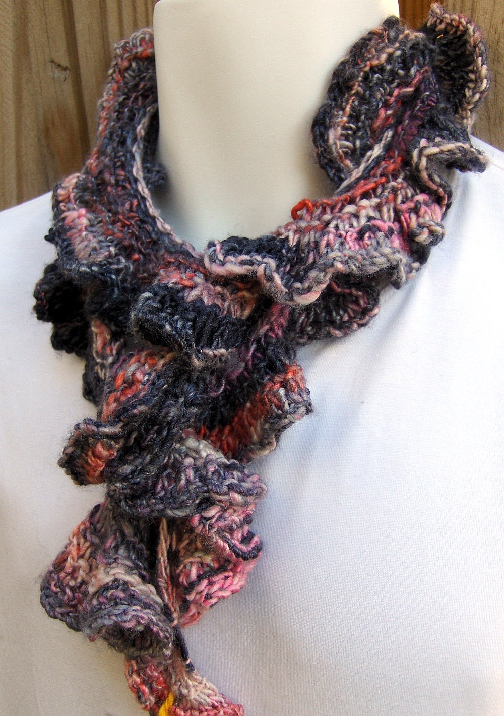 Ruffle Scarf hand knit with handspun yarn Coral Midnight Ready to Ship