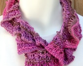 Hand Knit Scarf Bamboo Ruffle Scarf Chocolate Berry Shine Ready to Ship