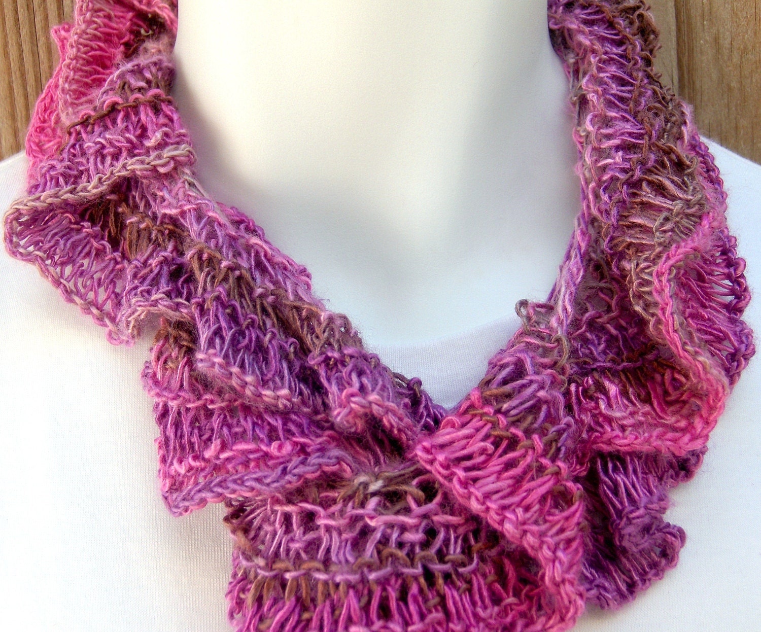 Hand Knit Scarf Bamboo Ruffle Scarf Chocolate Berry Shine Ready to Ship