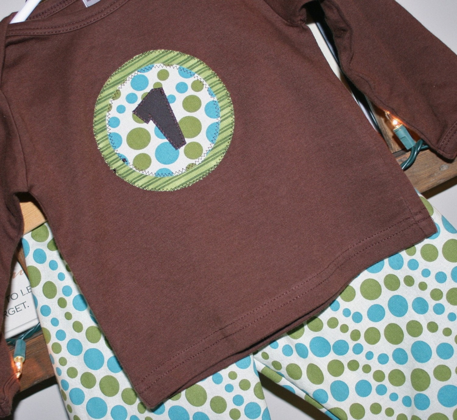 Boys First Birthday Lounge Set - Brown number 1 shirt in 18 month SHORT sleeve and matching blue and green polakdot pants