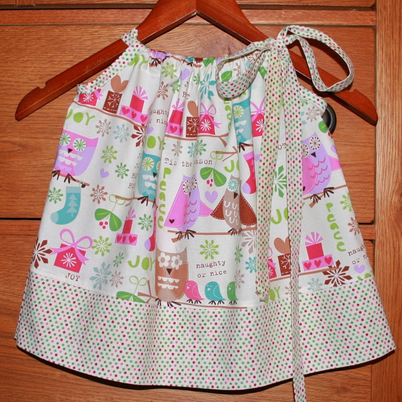 JOy JOy HooT HooT Girls Christmas Pillowcase Dress in Pink Green and Blue - Custom sizes 0-12, 12-24, 2t, 3t, 4t, 5t, 6, 7, 8 - LAST ONE