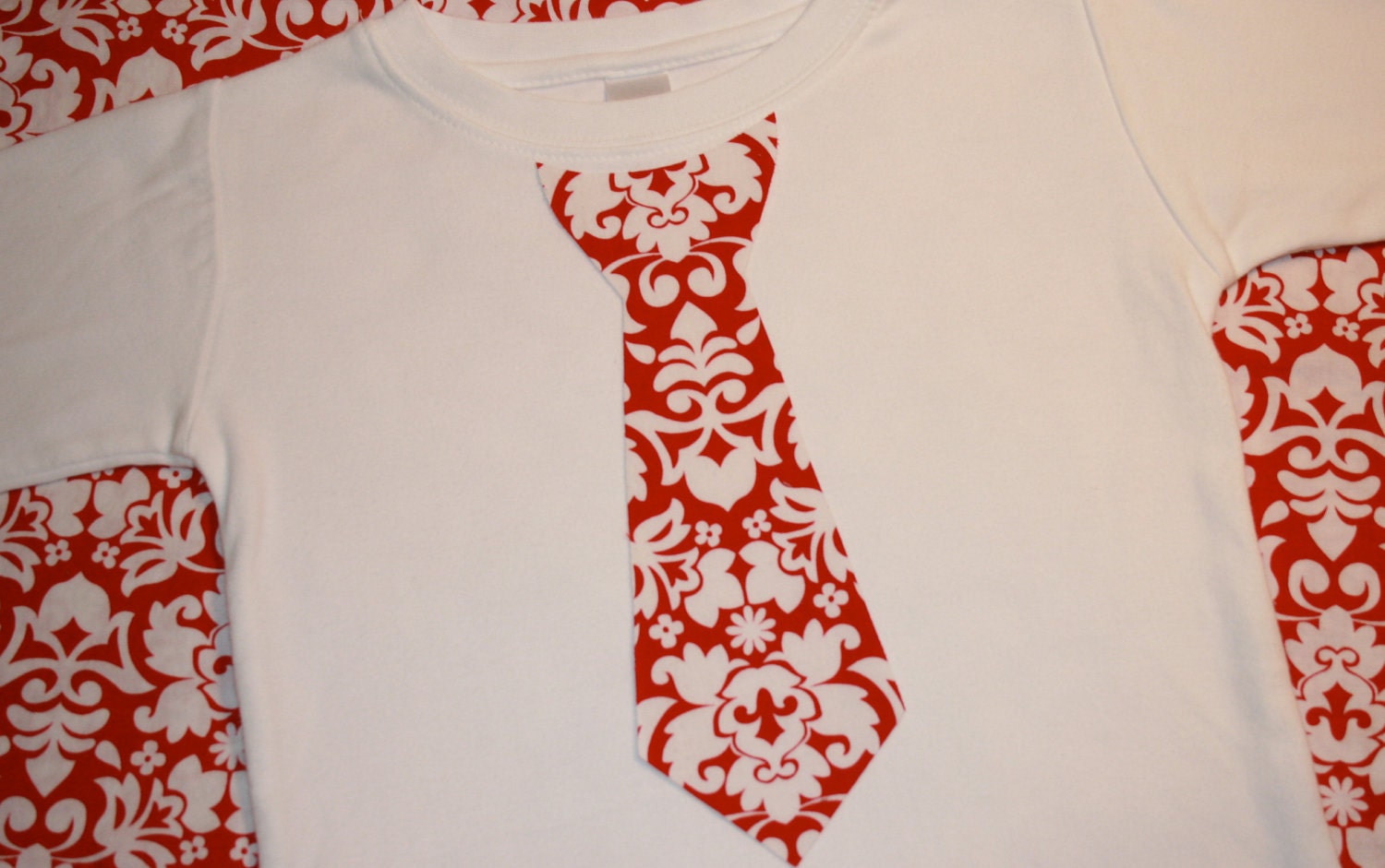 Red and White Damask Appliqued Tie Shirt - Long or Short Sleeve in sizes 0-3 months to size 6