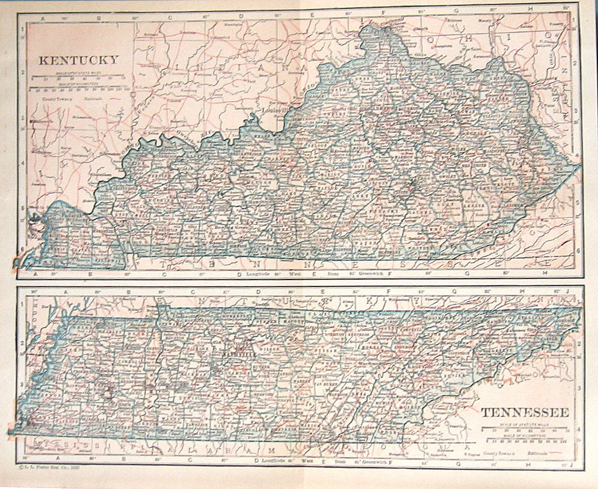 1925 State Map of Kentucky and Tennessee by mysunshinevintage