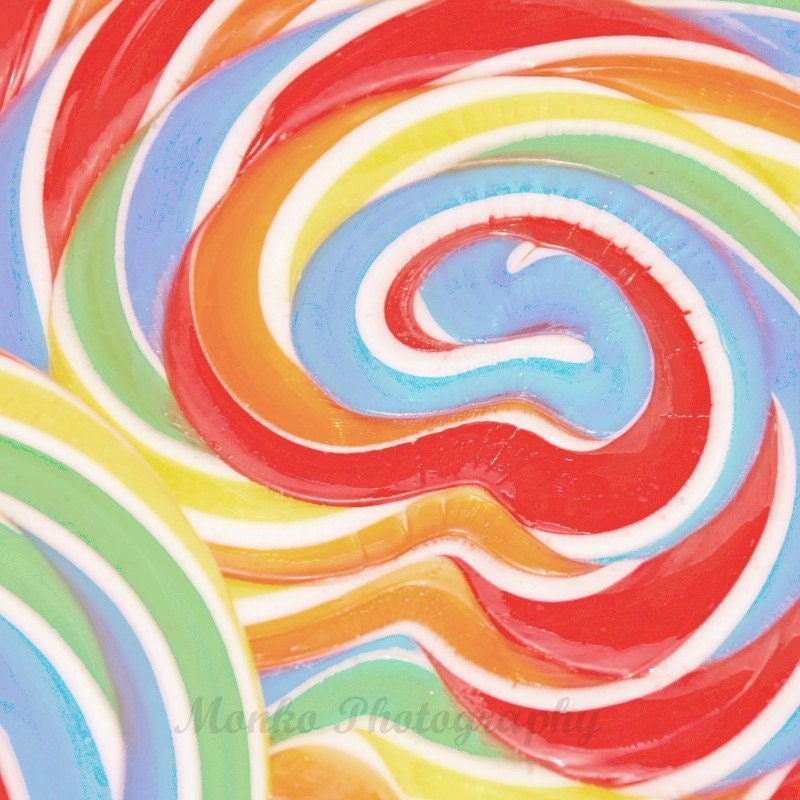 50% OFF SALE-Food Photography, Color Photo, Lollipop, Still Life, Candy Picture, Red, Blue, Yellow, Green, Rainbow, - 5x5 inch Print -Swirl