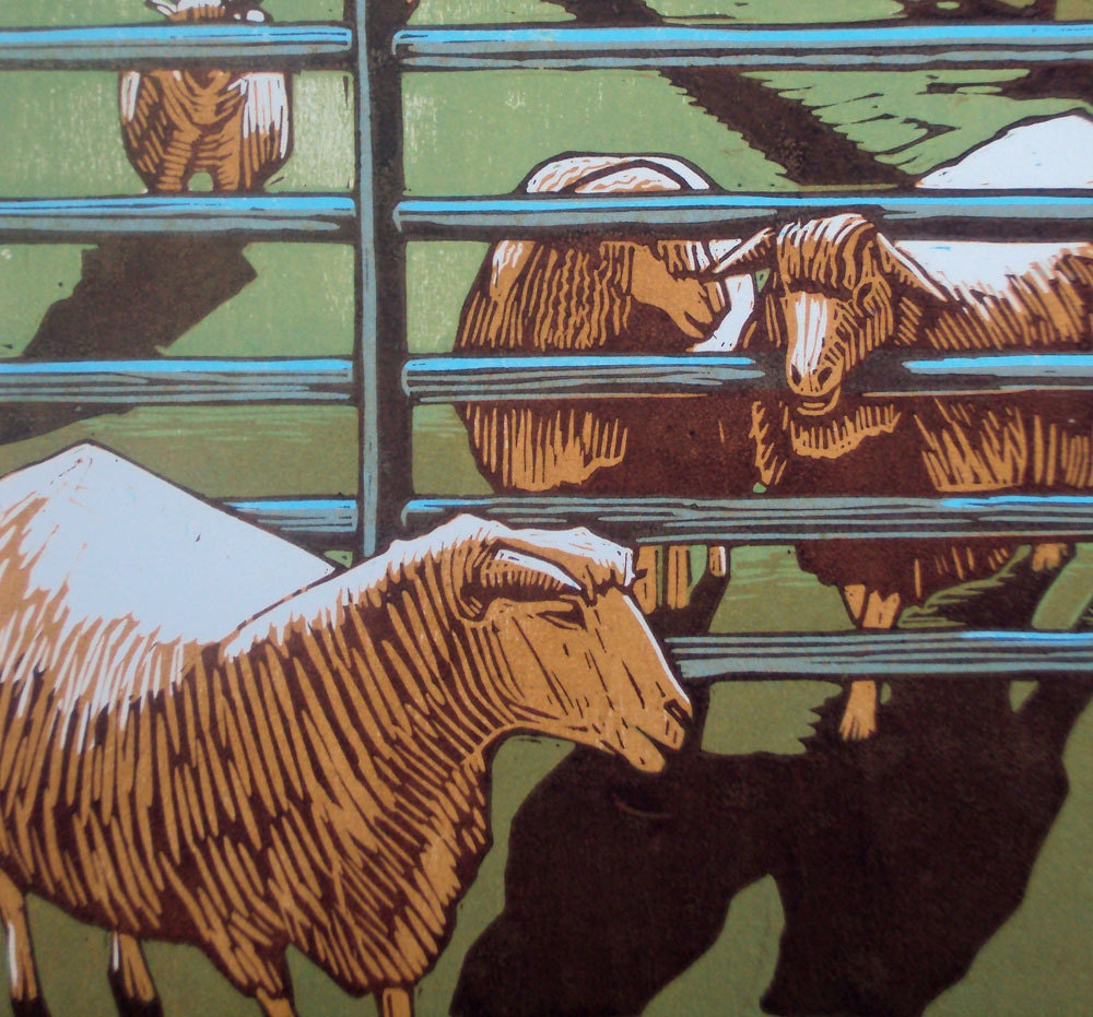 Nature Art, Sheep and Farm, Brown, Green, Orange, Blue, Woodblock Print