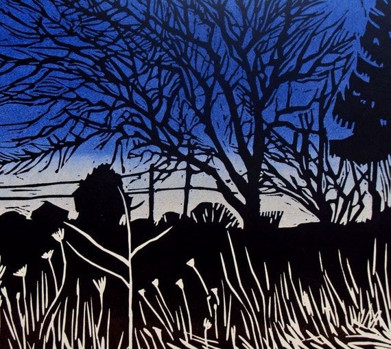 Landscape- Dusk, View from the Highway-Trees, Silhouette, Blue Sky, Woodblock Print