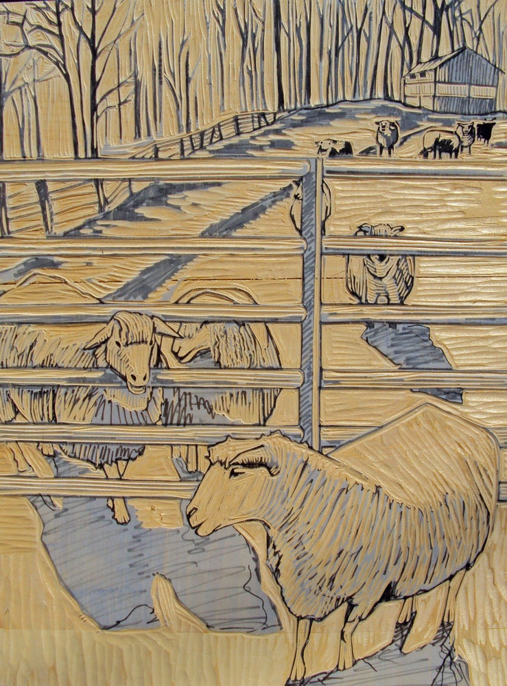 Nature Art, Sheep and Farm, Brown, Green, Orange, Blue, Woodblock Print