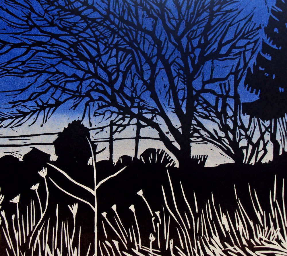 Landscape- Dusk, View from the Highway-Trees, Silhouette, Blue Sky, Woodblock Print