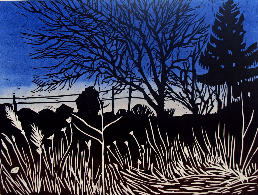 Landscape- Dusk, View from the Highway-Trees, Silhouette, Blue Sky, Woodblock Print