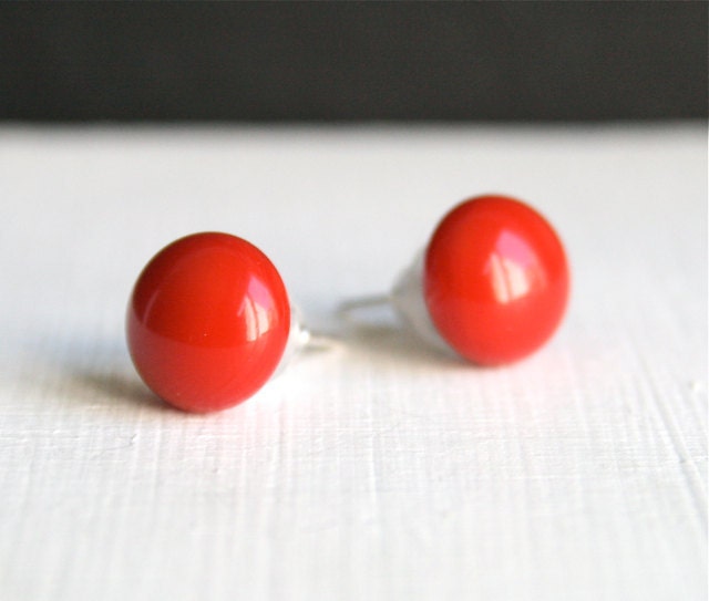 Fused Glass Stud Post Earrings - tomato red  - small round circle