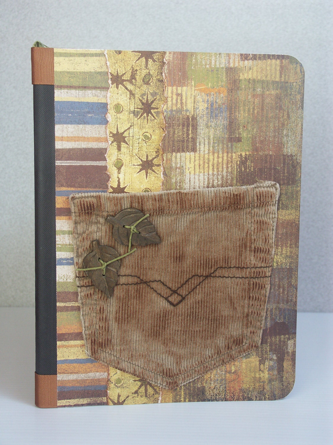 Journal with corduroy pocket and wood leaf embellishment