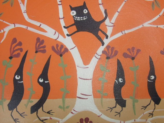 Hand Painted Stoneware Plate Black Cat Up In Tree Orange