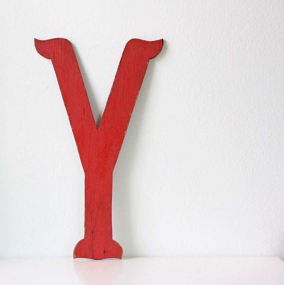 Vintage Large Red Wooden Letter Y