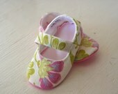 maryjane baby girl shoes toddler newborn velcro strap booties Amy Butler Green Pink Flower slippers SWAG shower gift