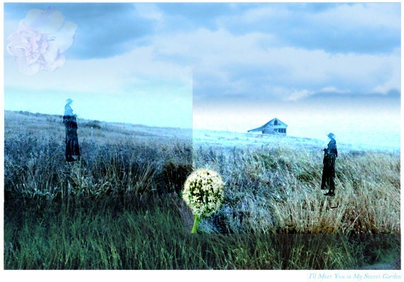 Fine Art Print Photography Collage Photomontage Woman Landscape Home Decor Blue Garden