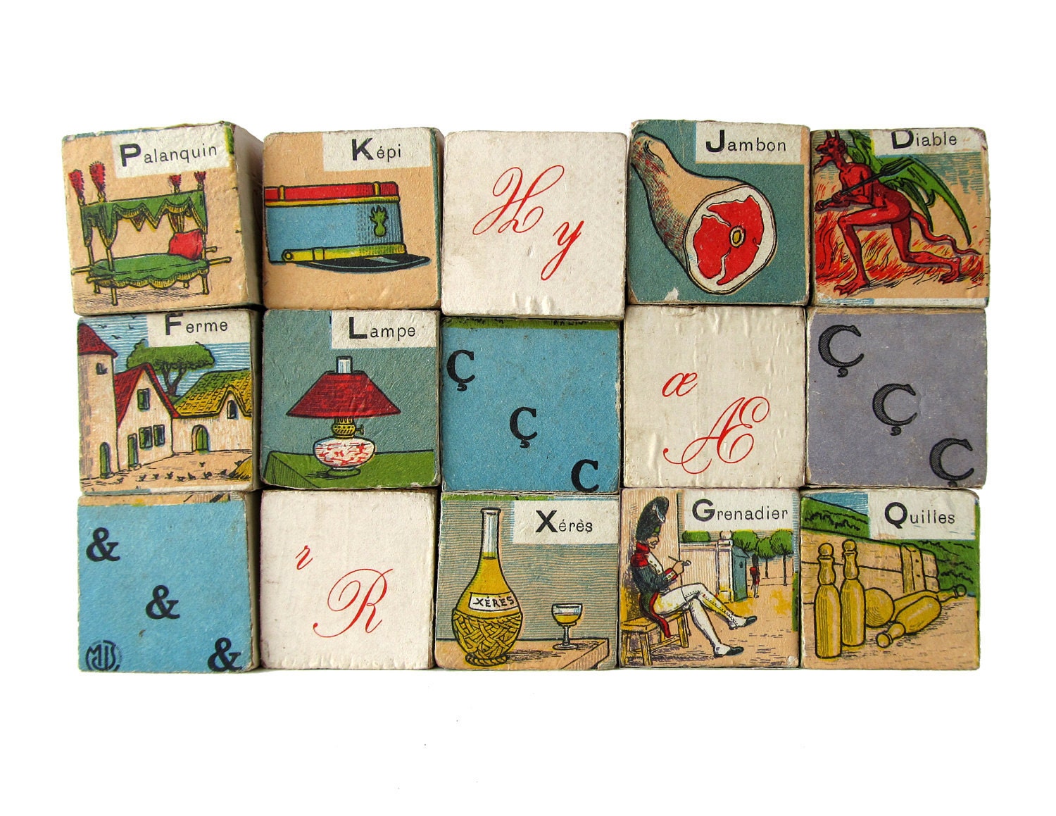 RESERVED for Tara - French ALPHABET BLOCKS Cubes Alphabetiques - Set of 16 Antique Wooden Blocks