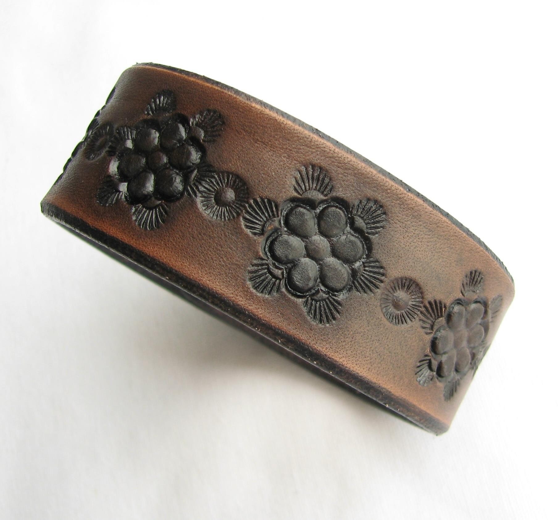 Leather Bracelet / Wristband - Tooled with Bubble Flowers - Brown