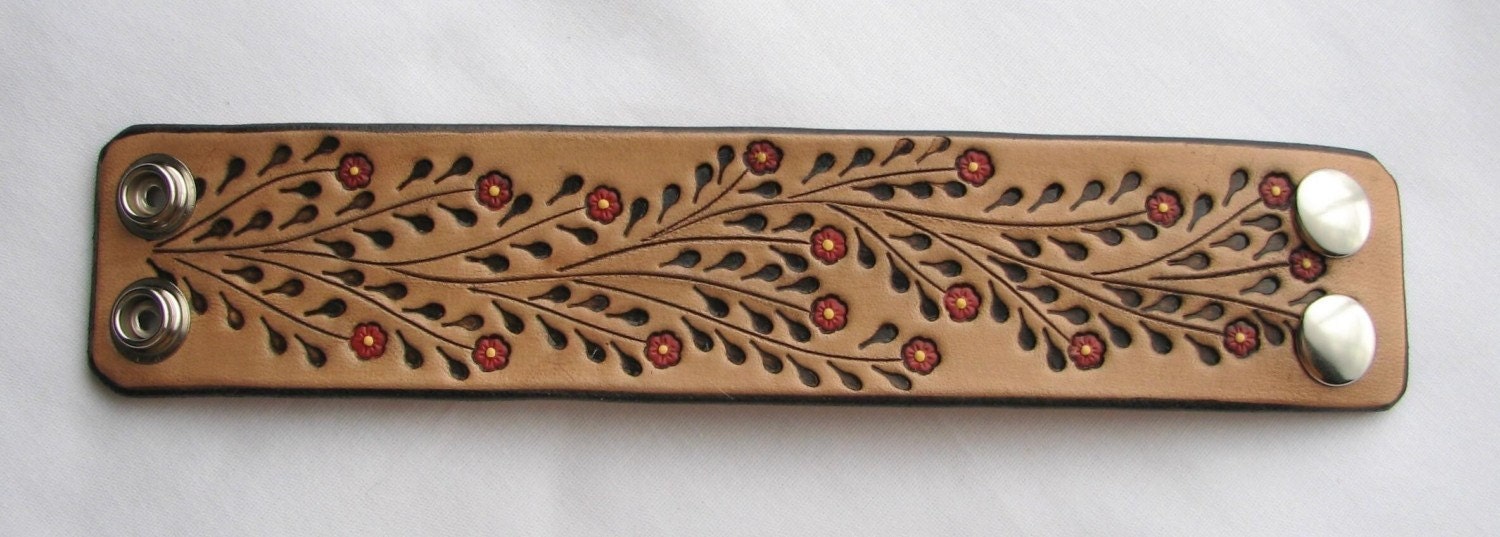 Little Red Flowers on a Wide Leather Cuff