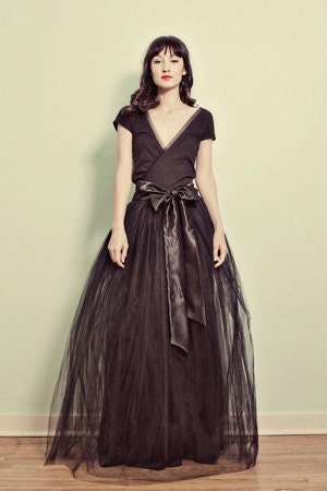 Black Floor Length Maxi Tulle and Cotton Jersey Dress