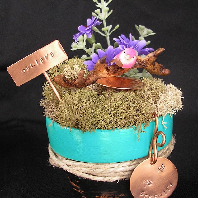 Serenity - Miniature Fairy Garden - Mini Copper Birdbath and Garden Stake - Hand Stamped Metal