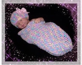 PASTEL BABY COCOON Set Beanie Hat Hair Bow Newborn Infant Photography Prop Pod Crochet Handmade Pink Yellow Purple Blue