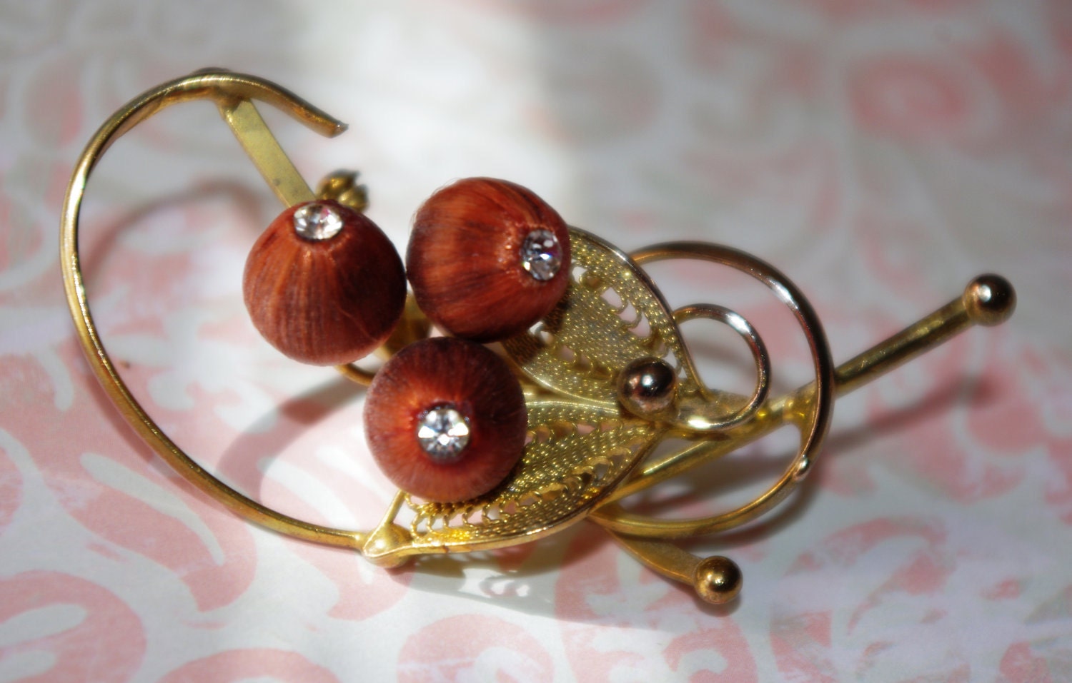 Gold and Lucite Silk Thread and Rhinestone Beads Pin circa: 1955