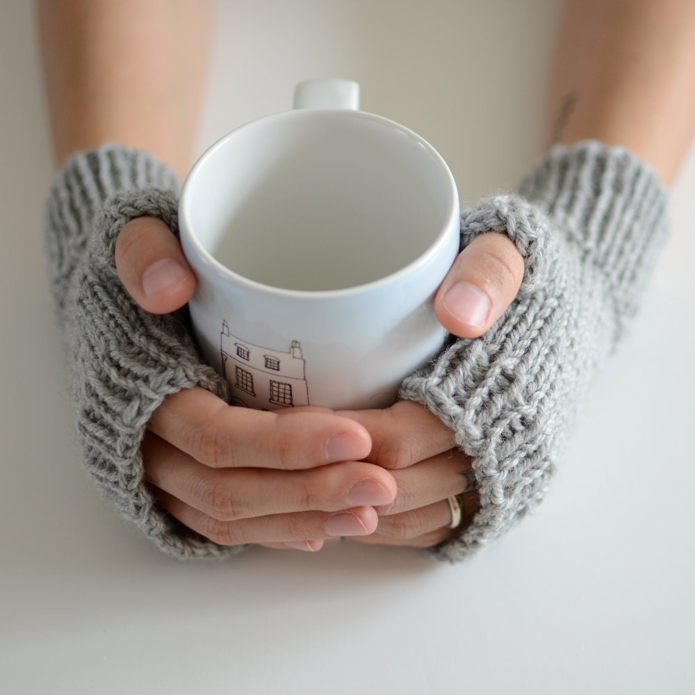 Coffee House Mid-Length Mitts - Hand-knit - Fitted Fingerless Mittens / Gloves in Light Heathered Gray - Size Small / Medium