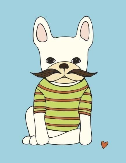 french bulldog with mustache art print // green & orange stripe