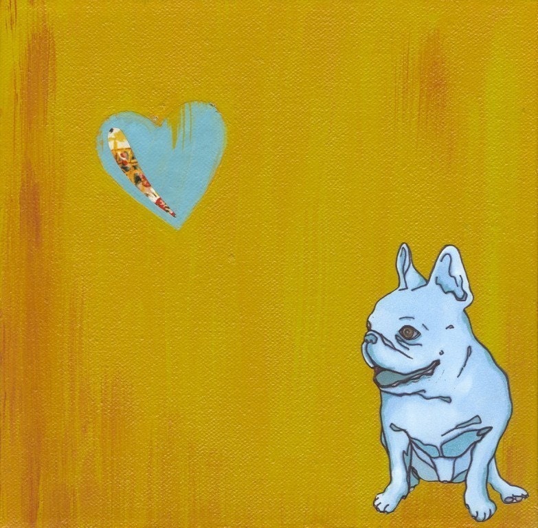 french bulldog with hearts art print // blue & orange