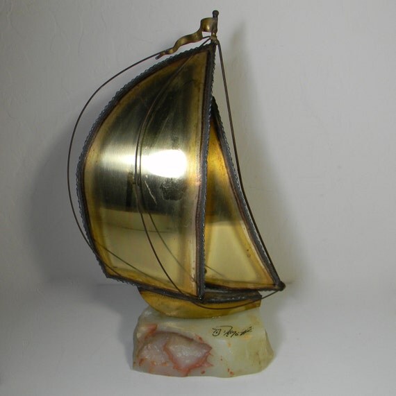 Vintage sail boat sculpture brass copper and onyx by FeliceSereno
