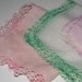 Vintage cotton linen hankies set of three, handkerchiefs - crochet edge - pink and white - green trim