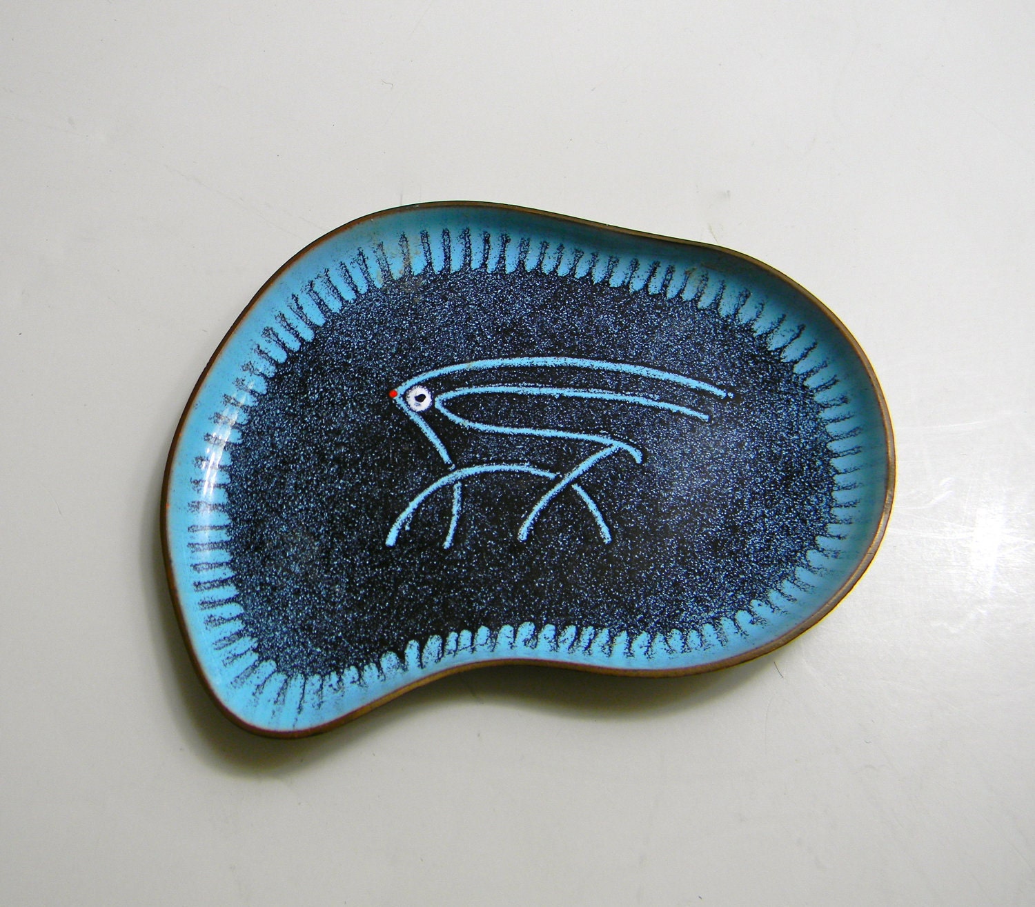 Vintage pin plate, coaster, small plate in blue with a primitive design, handmade by Ella Engel.