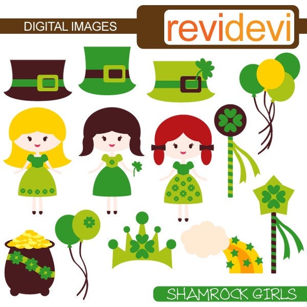 Shamrock Girls 08093 - Cute digital clipart for st patricks day - commercial use