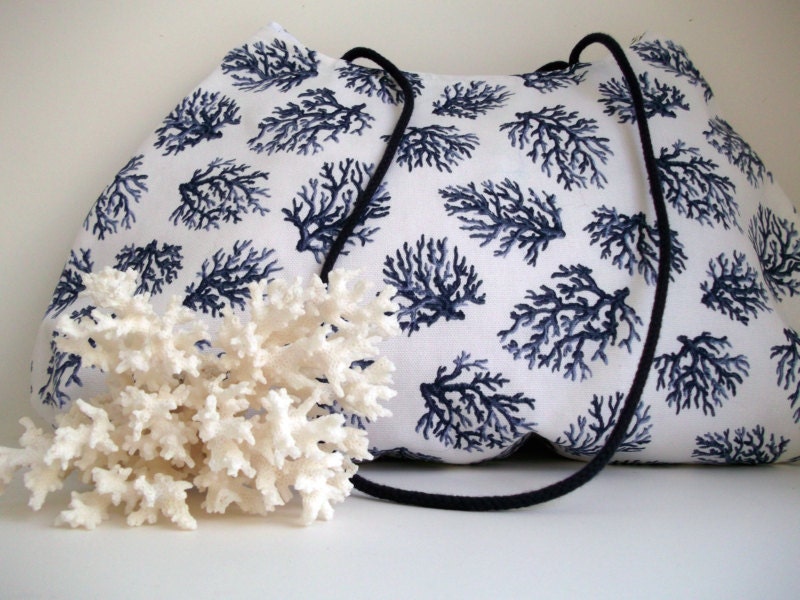 Shoulder Bag  , Over the Shoulder Bag , Fabric Handbag , Handmade Handbag , Summer Purse ,  Coral Print Purse , Nautical Purse