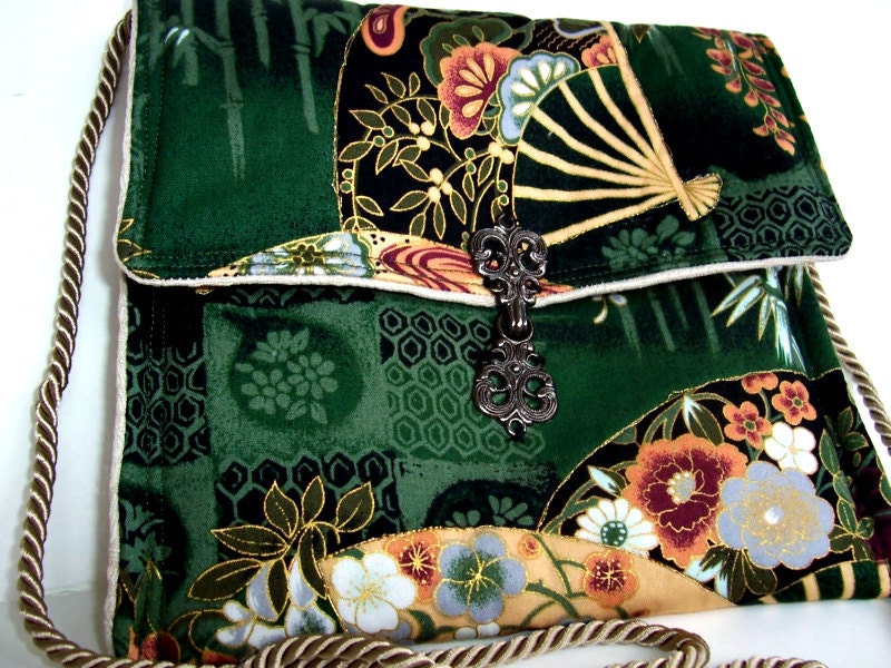 Sling Bag , Shoulder Bag , Cross Body Purse , Cross Body Bag , Cute Small Across Body Emerald Green Fans Purse - Asian Oriental Long Strap