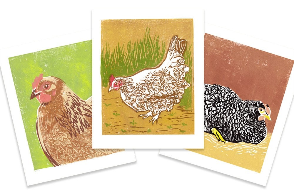 Hen Block Print Reproductions - Your choice of 3