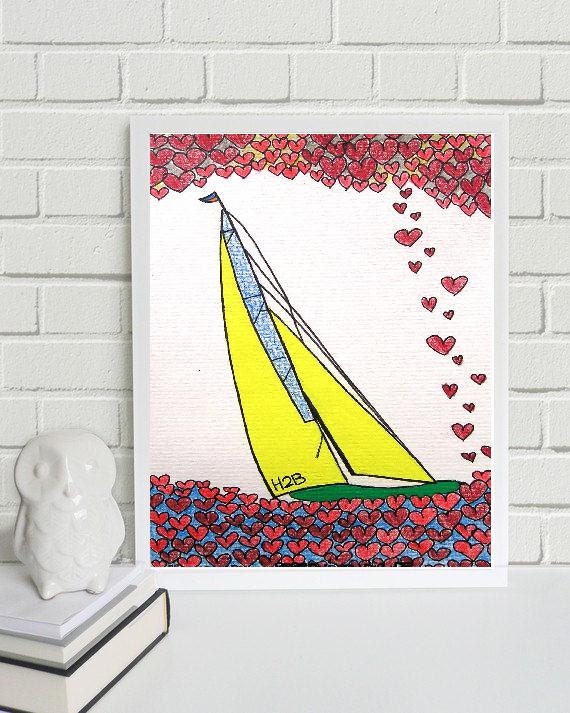 Love Journey..... original painting, pencil on paper, 4,7" x 6,7", 12 x 17 cm, abstract, fantasy, boat, valentine, hearts