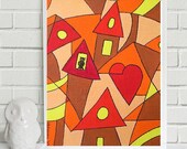 Small Owl in big City.... original painting, gouache on paper, 4,1"x5,8",10,5 x 14,8 cm, abstract, owl, city, houses, fantasy