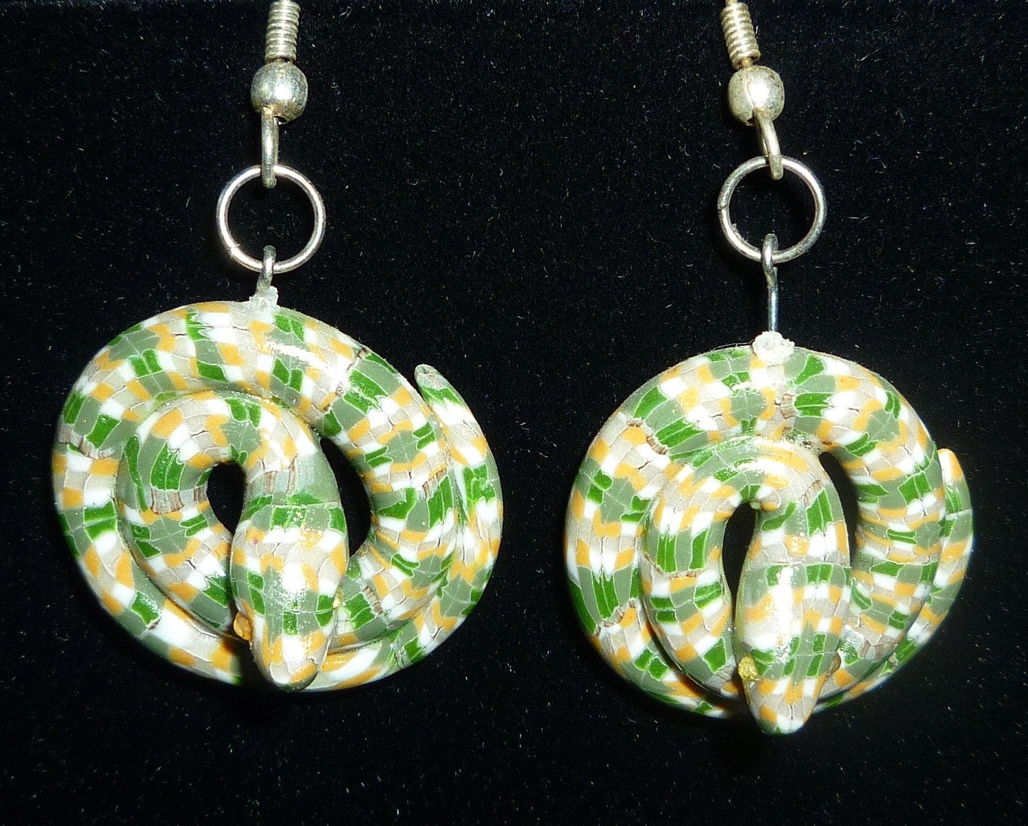Spring Time Snake Earrings Coiled up Just For You  Checkered Green Snakes