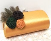 Country Chic Rustic Woodland Feather Bridal Clutch or Feather Bridesmaid Clutch in Vintage Gold  - Silk Rosettes - Gold Ivory Champagne