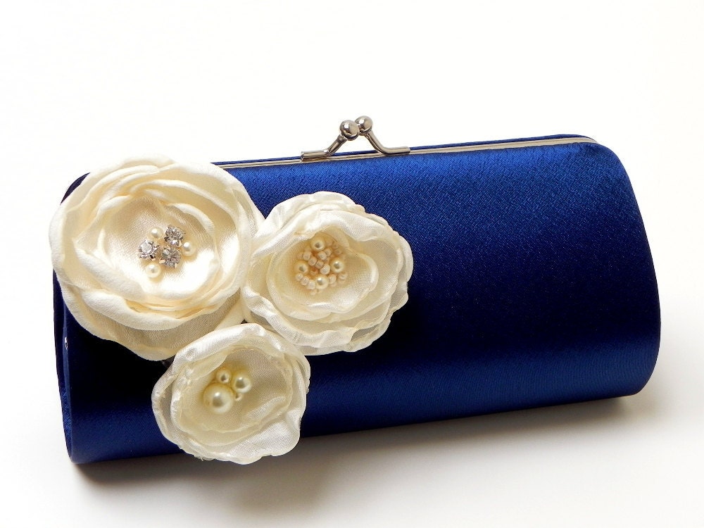 Bridesmaid Clutch Navy Blue Bridal Clutch - Ivory Flower Blossoms with Rhinestones - Kisslock Snap Bouquet Clutch -