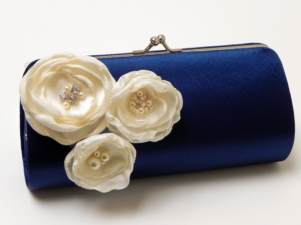 Bridesmaid Clutch Navy Blue Bridal Clutch - Ivory Flower Blossoms with Rhinestones - Kisslock Snap Bouquet Clutch -