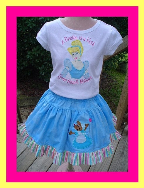 CUSTOM Cinderella Twirl Skirt and Shirt  ...... Tee Includes appliqued Cinderella and Twirl has Appliqued Mouse