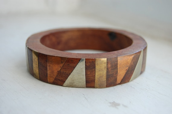Vintage 1970s Geometric Patina Wood Bangle Bracelet