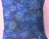 Royal Blue Throw Pillow Cover with Blue, Turquoise and Green Shells - Batik Cushion Cover with Cobalt Blue Silk Back - 18 x 18