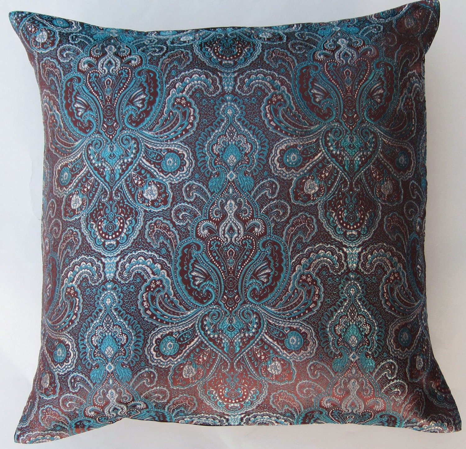 Brown and Teal Brocade Throw Pillow Cover - 16 x 16