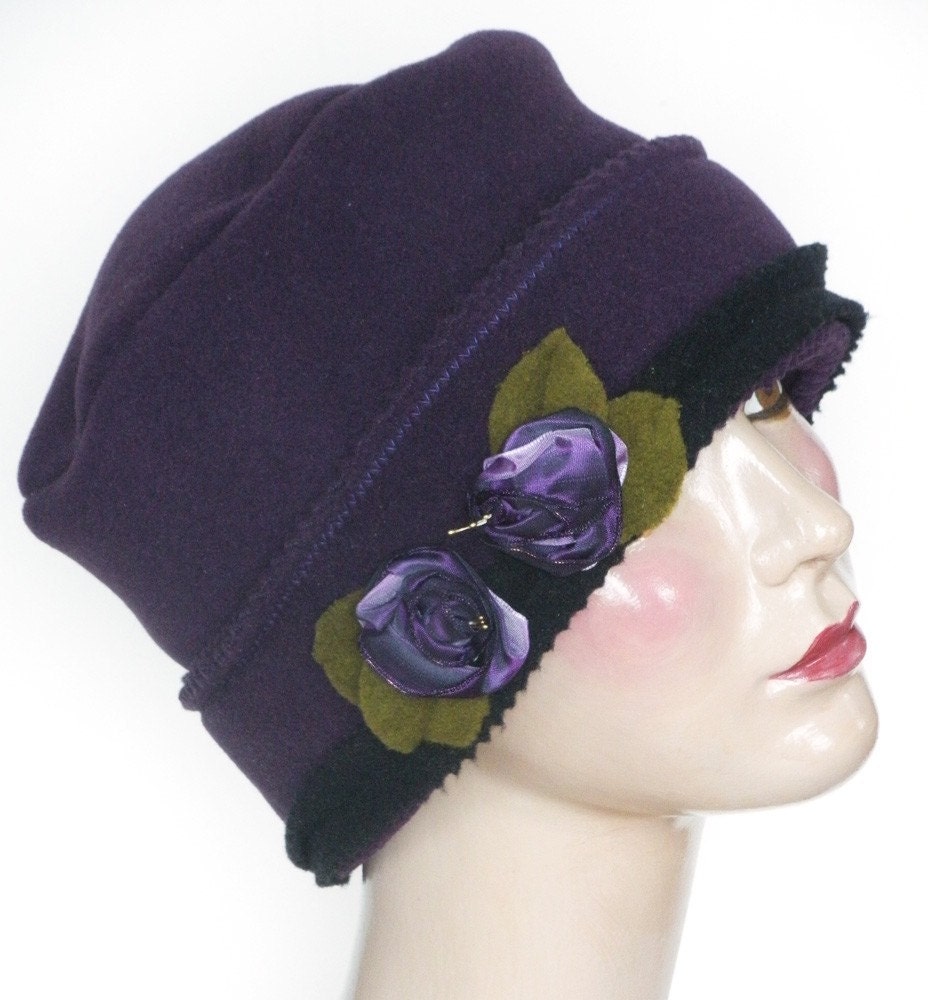 Little Basic Fleece Hat - Purple - Handmade French Ribbon Roses
