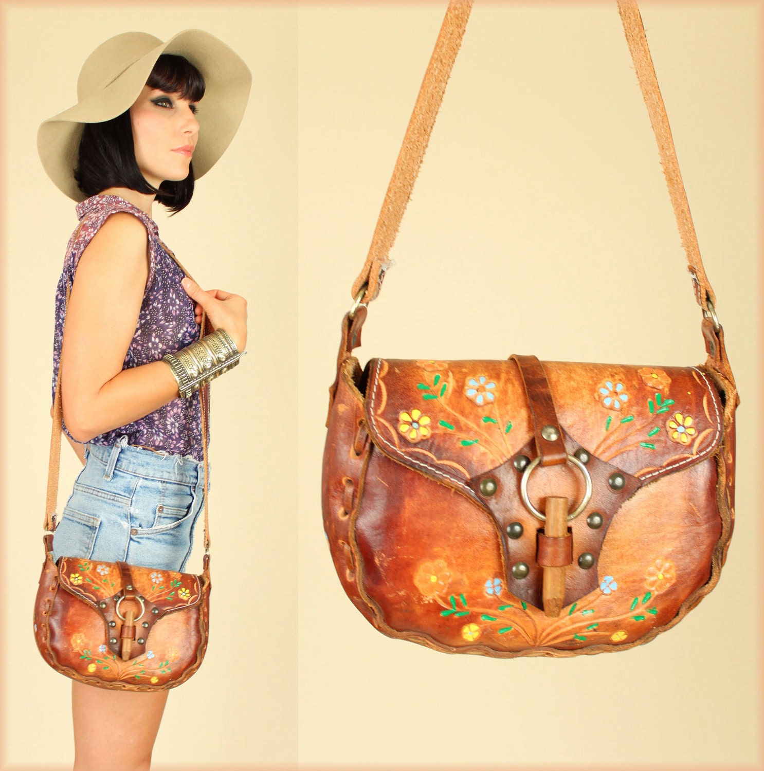 Vintage 70's Hand Tooled Leather Floral HandBag
