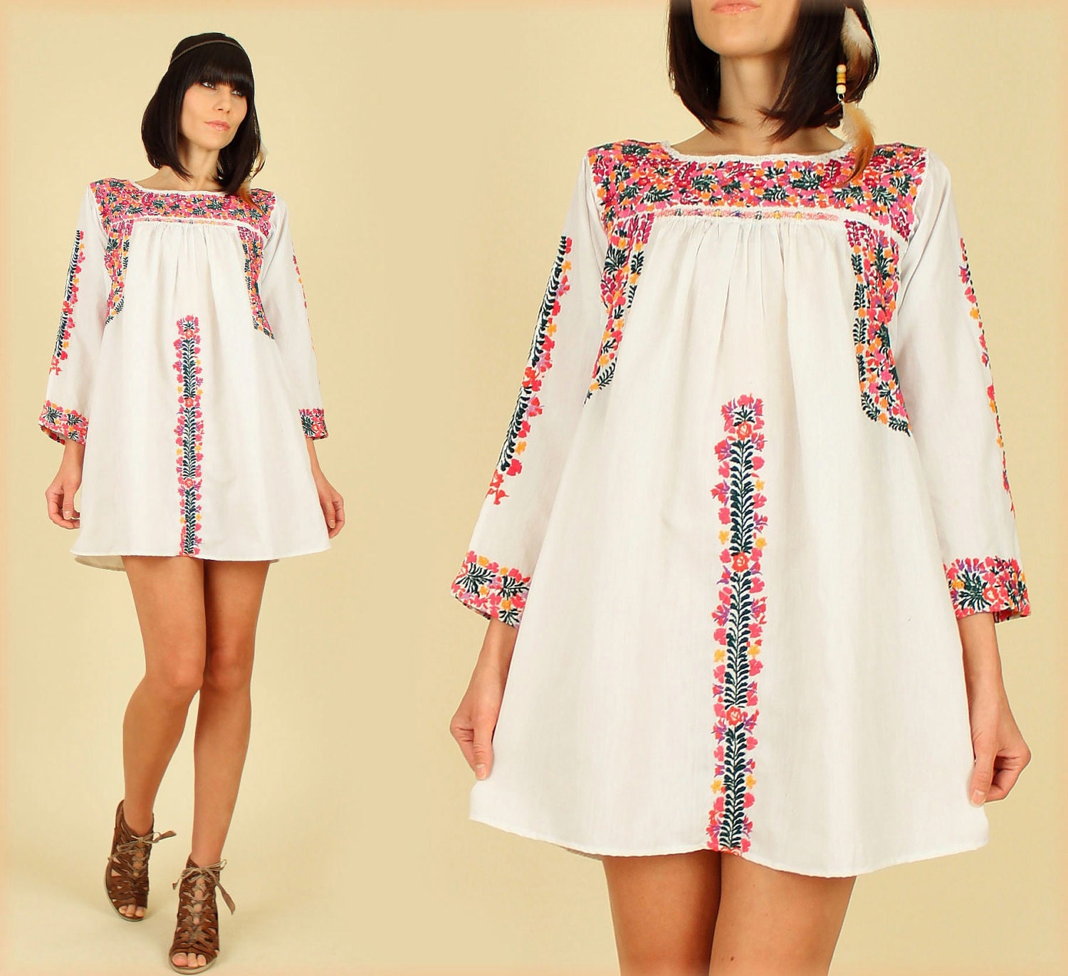 ViNtAgE 70's Oaxacan Floral Mexican Embroidered Long Slv. MiNi Dress Tunic