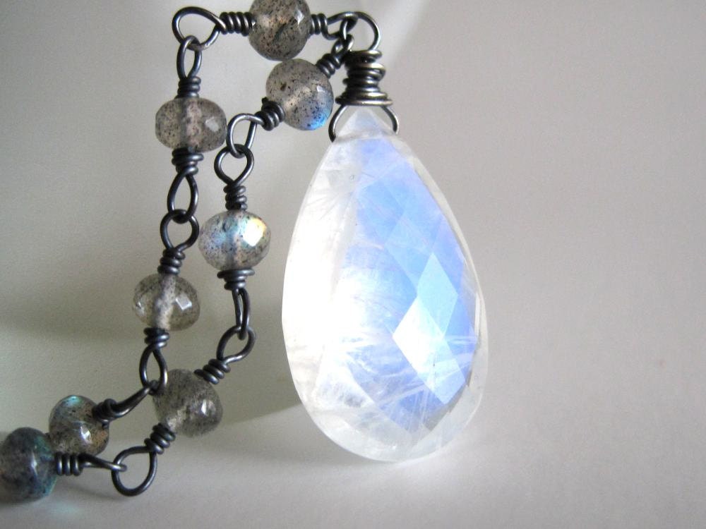 Rainbow moonstone necklace labradorite necklace oxidized sterling silver - Kaupua v3